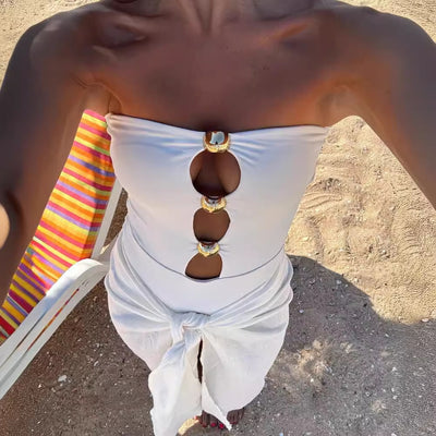 One-strap Chest Metal Beads Swimsuit Slim Fit Beachwear mesjo