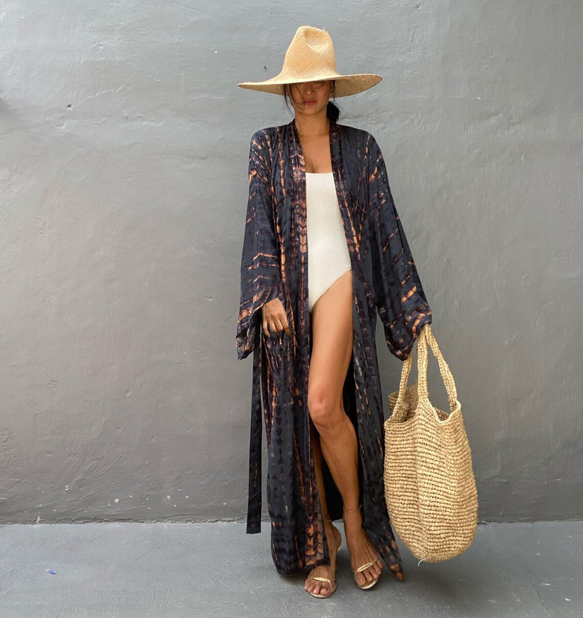 Printed Loose Sun Protection Cover up Blouse Beachwear Gray Average Size mesjo
