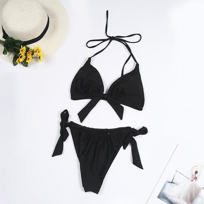Split Tie Knot Multicolor Halter Neck Bikini Beachwear Black mesjo