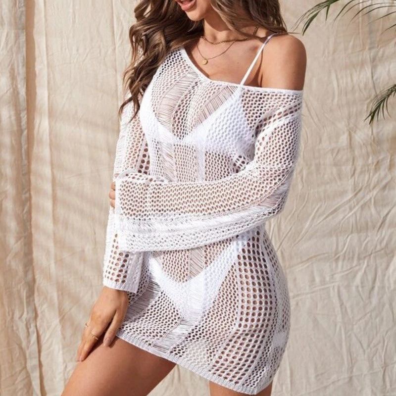 Knitted Hollow Backless Long Sleeve Narrow Coverup Beachwear White Average Size mesjo