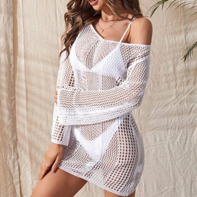 Knitted Hollow Backless Long Sleeve Narrow Coverup Beachwear White Average Size mesjo
