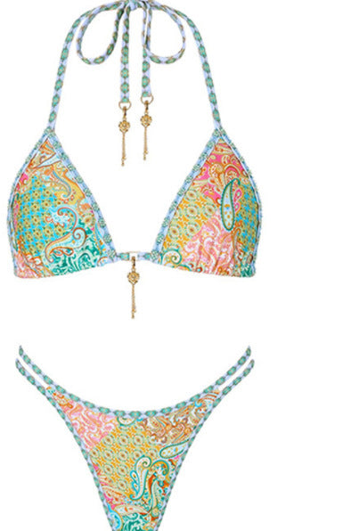 Halterneck Printed Lace-up Split Swimsuit
