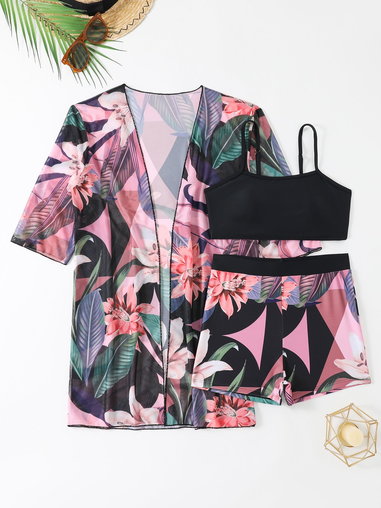 Three-Piece Printed Split Strap Tube Top Bikini Beachwear mesjo
