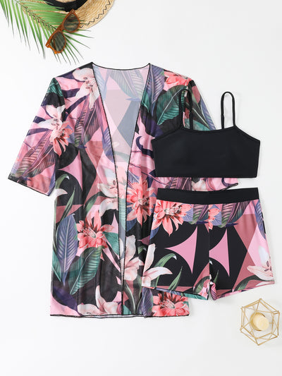 Three-Piece Printed Split Strap Tube Top Bikini Beachwear mesjo