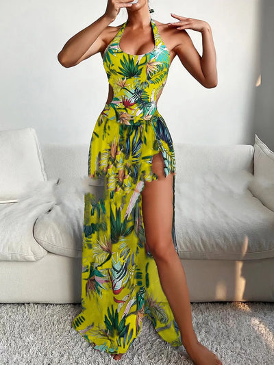 Floral Printed Three-piece Set Slimming Bikini with Coverup Yellow mesjo