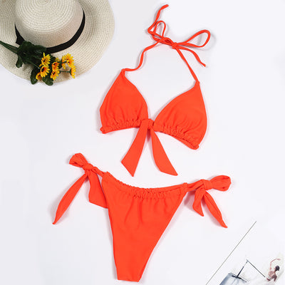 Split Tie Knot Multicolor Halter Neck Bikini Beachwear Orange mesjo