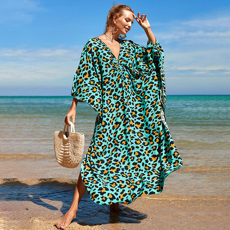 Outer Seaside Beach Blouse Skirt Swimsuit Coverup Blue leopard point rayon One size mesjo
