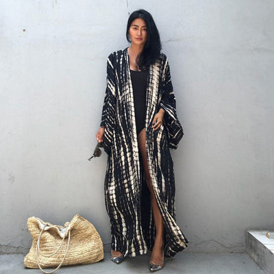 Printed Loose Sun Protection Cover up Blouse Beachwear Black Beige And White Average Size mesjo