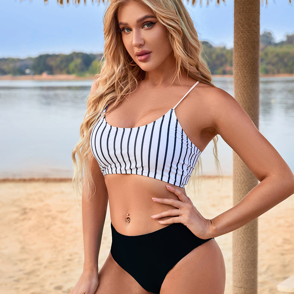 Slim Stripe Crop Bikini Beachwear Swimwear Black mesjo