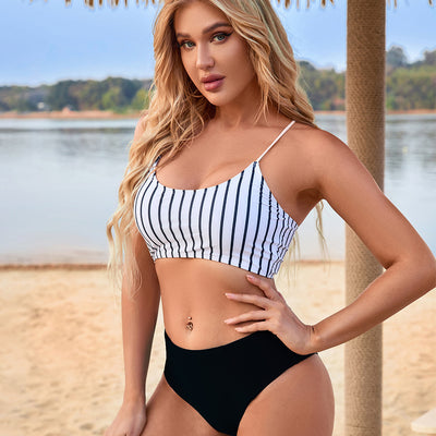 Slim Stripe Crop Bikini Beachwear Swimwear Black mesjo