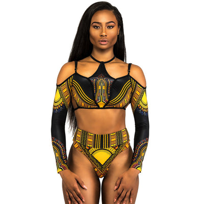 Long Sleeve High Waist Bikini Two Piece Beachwear Black mesjo