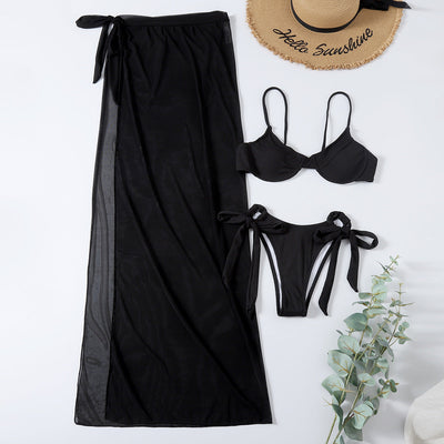 Three Piece Mesh Bikini With Skirt Beachwear Swimwear Black mesjo