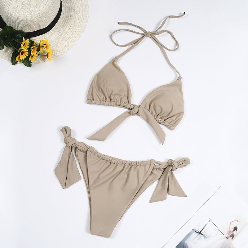 Split Tie Knot Multicolor Halter Neck Bikini Beachwear Light grey mesjo