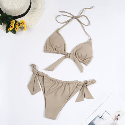 Split Tie Knot Multicolor Halter Neck Bikini Beachwear Light grey mesjo