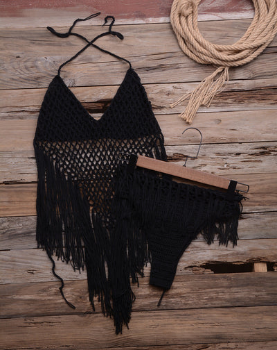 Hand-woven Hollow Tassel Split Bikini Beachwear Swimwear Black mesjo