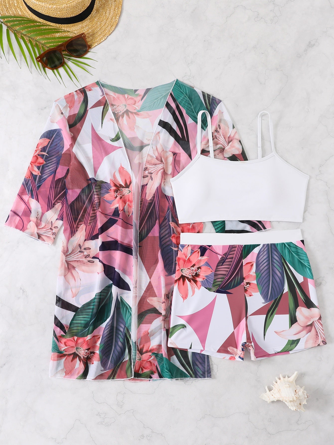 Three-Piece Printed Split Strap Tube Top Bikini Beachwear mesjo