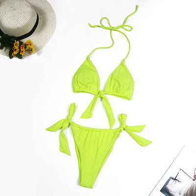 Split Tie Knot Multicolor Halter Neck Bikini Beachwear Fluorescent Yellow mesjo