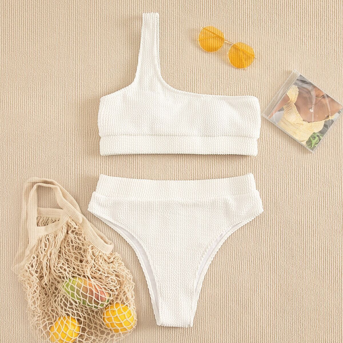 One-shoulder Crinkle Bikini Beachwear Swimwear mesjo