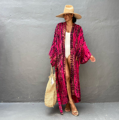 Printed Loose Sun Protection Cover up Blouse Beachwear Rose Red Average Size mesjo
