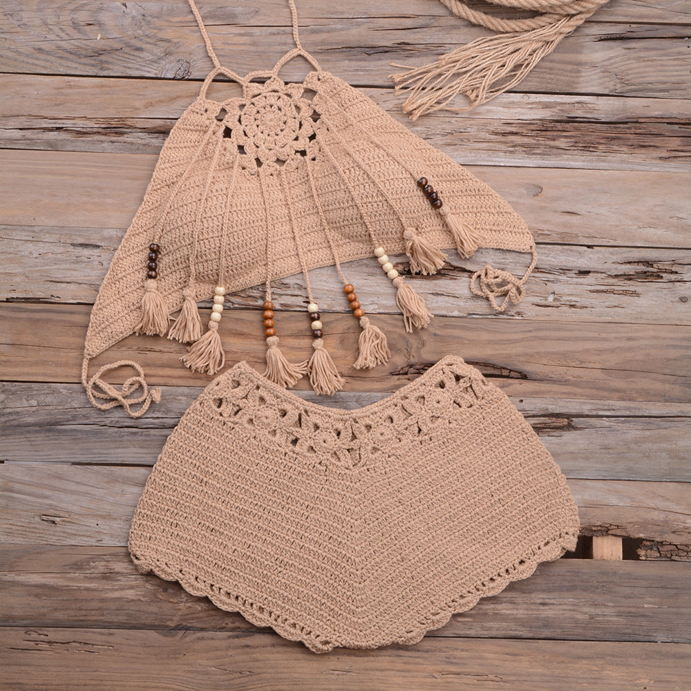Handmade Tassel Dangling Beads Two Piece Bikini Beachwear Khaki mesjo