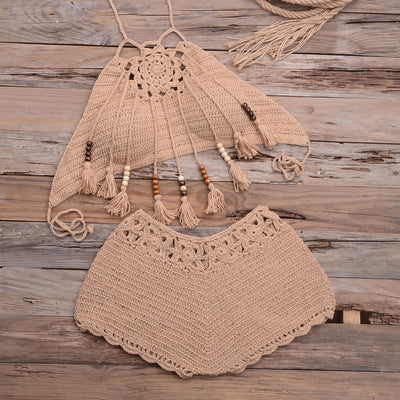 Handmade Tassel Dangling Beads Two Piece Bikini Beachwear Khaki mesjo