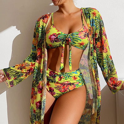 Long Floral Split Bikini With Blouse Beachwear Lemon Yellow mesjo