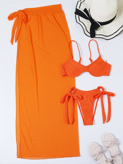 Three Piece Mesh Bikini With Skirt Beachwear Swimwear Orange mesjo