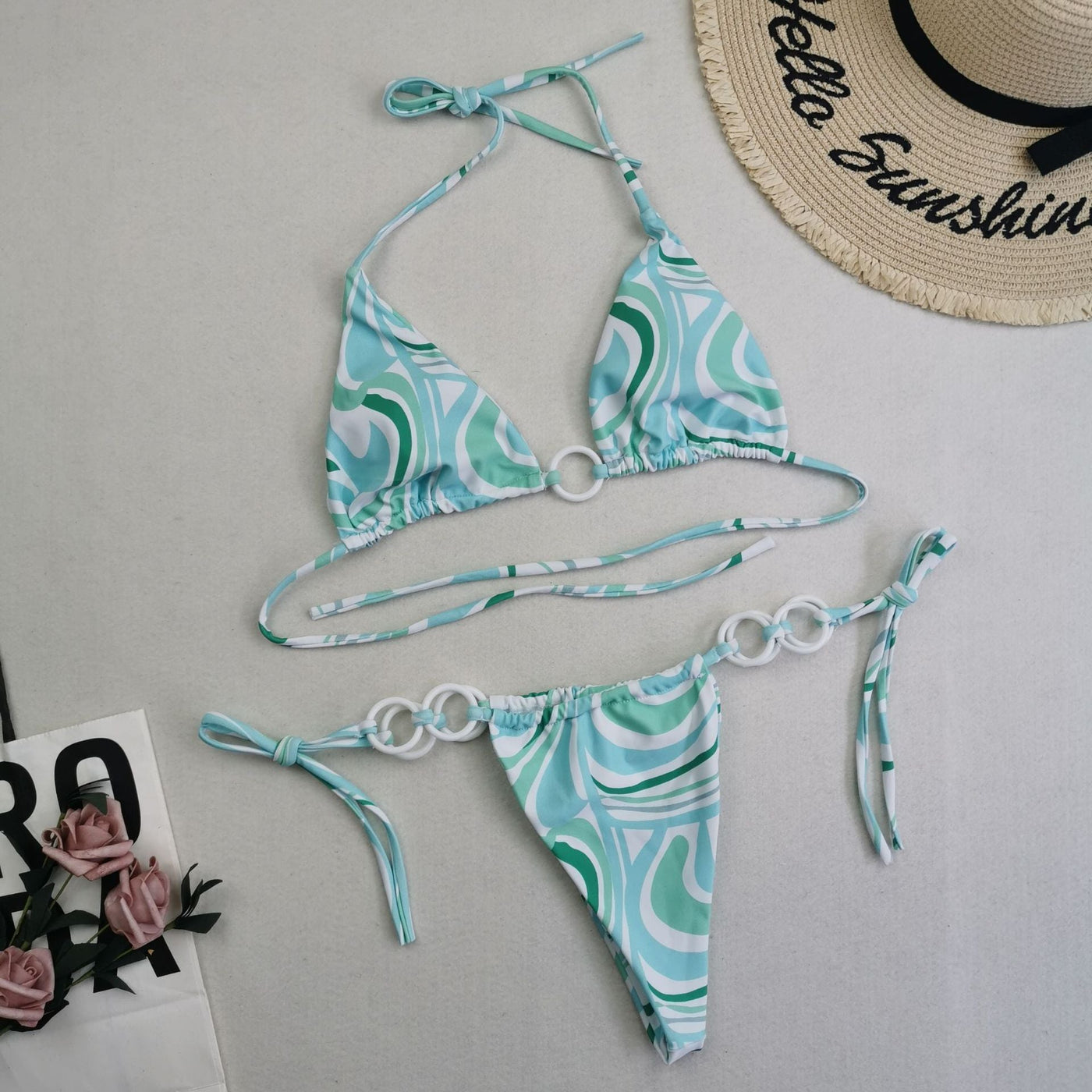 Split Bikini Double Fabric Lace-up Swimwear Green stripes mesjo