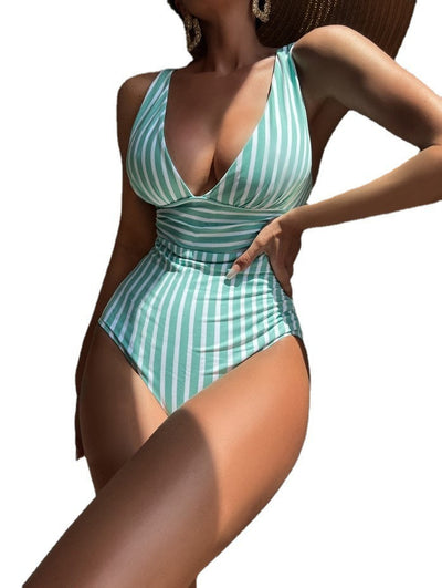 One-piece Stripes V Neck Swimsuit Multi-color Beahwear Swimwear mesjo