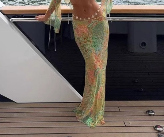 Halterneck Printed Lace-up Split Swimsuit