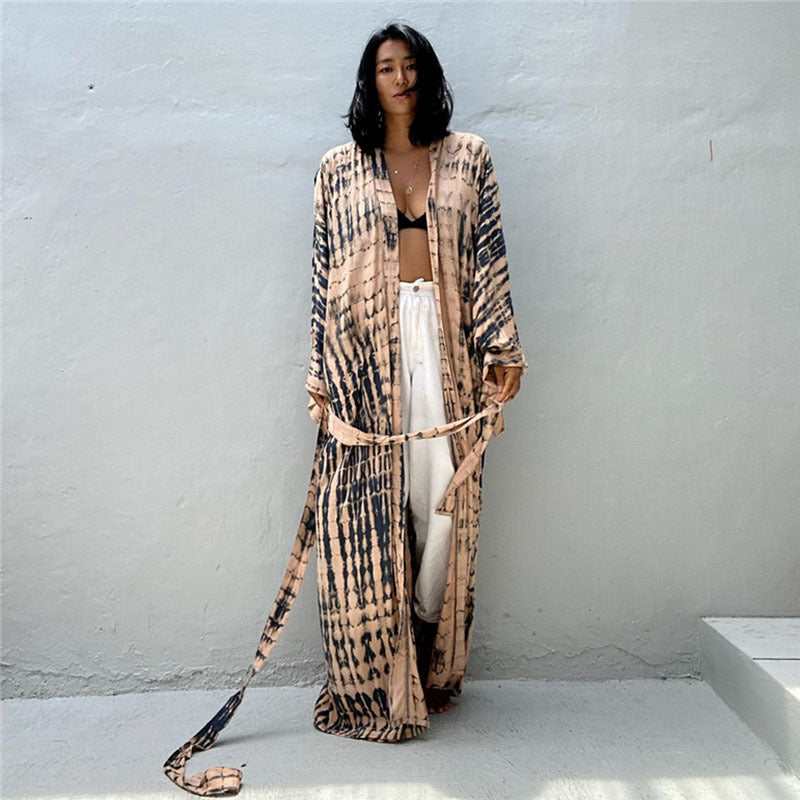 Printed Loose Sun Protection Cover up Blouse Beachwear Black Apricot Average Size mesjo
