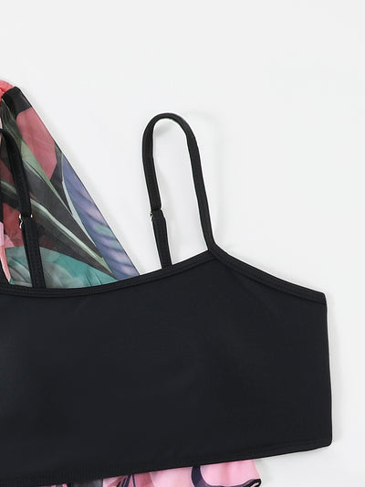 Three-Piece Printed Split Strap Tube Top Bikini Beachwear mesjo
