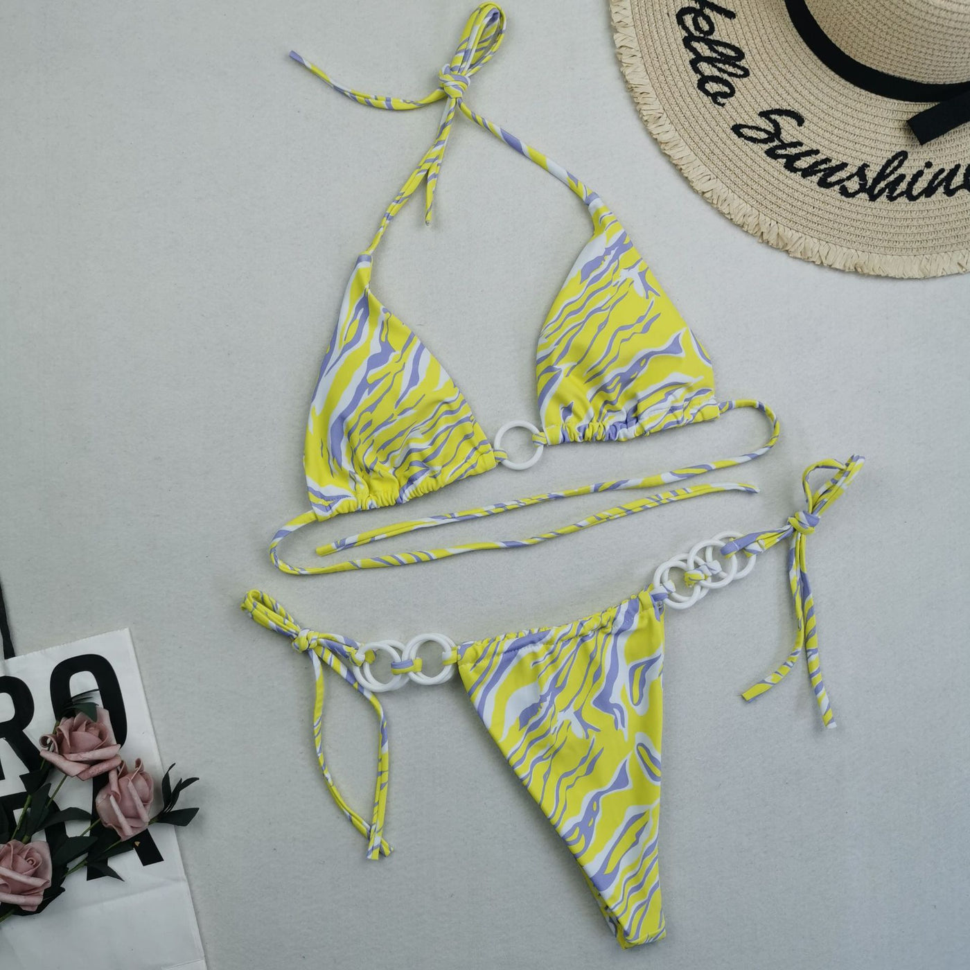 Split Bikini Double Fabric Lace-up Swimwear Yellow stripes mesjo