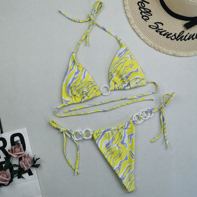 Split Bikini Double Fabric Lace-up Swimwear Yellow stripes mesjo