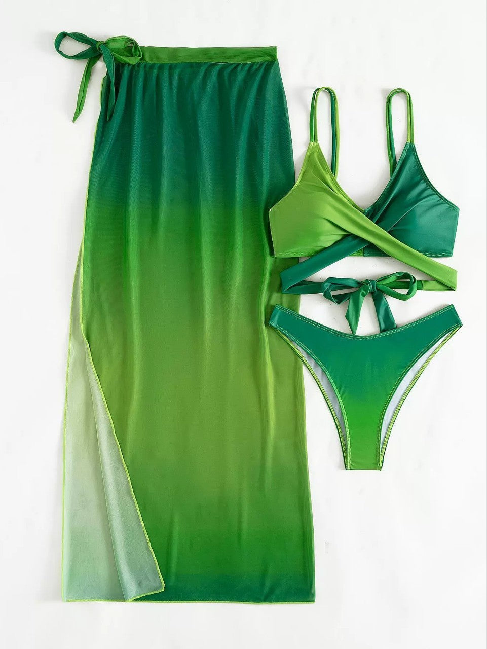 Green Gradient Bikini with Skirt Three Piece Beachwear Swimwear mesjo